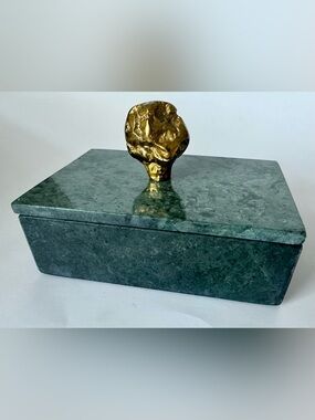 Litton Lane Genuine Marble Rectangle Box w Gold Finial Knob Jewelry Trinket 2 pc